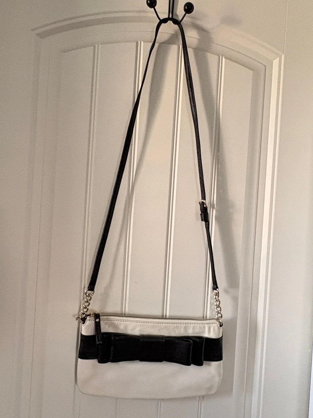 kate spade white crossbody with black bow trim